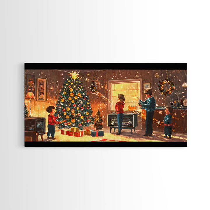 Cozy Christmas Evening Framed Canvas Print, Vintage Christmas Scene Art, Retro Holiday Home Decor, Christmas Tree Wall Art, Christmas Gift