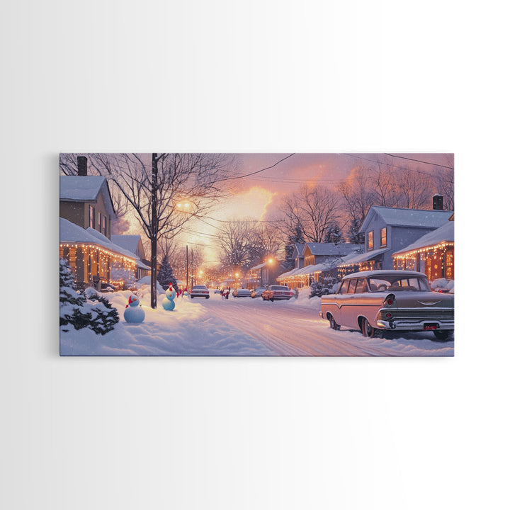 Snowy Neighborhood Evening Framed Canvas Print, Winter Wonderland Scene Art, Christmas Home Decor, Vintage Christmas Art, Holiday Wall Art
