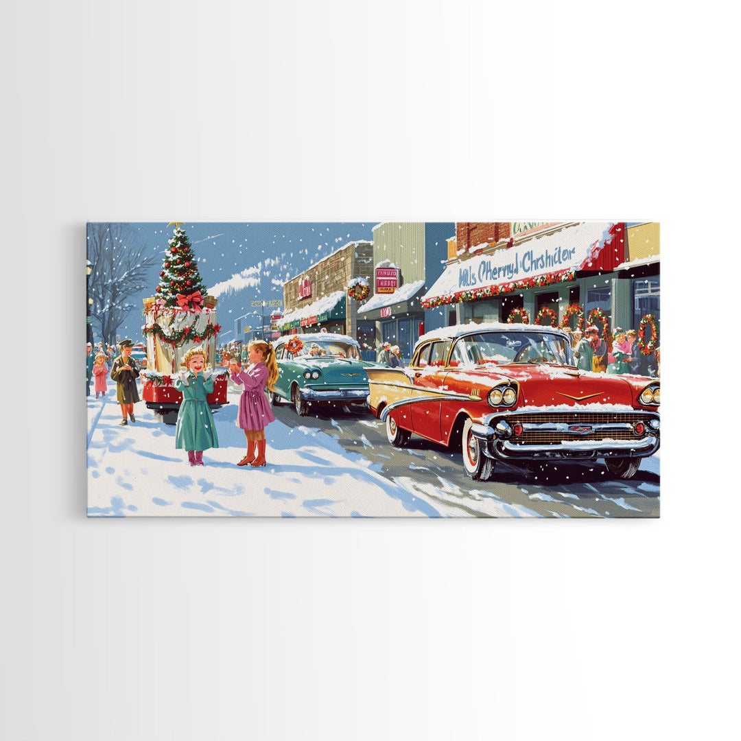 Christmas Parade Street Framed Canvas Print, Vintage Holiday Decor, Retro Christmas Scene Art, Best Gift Christmas Decor, Holiday Wall Art