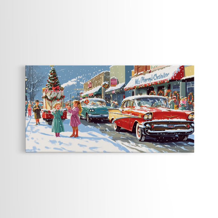 Christmas Parade Street Framed Canvas Print, Vintage Holiday Decor, Retro Christmas Scene Art, Best Gift Christmas Decor, Holiday Wall Art