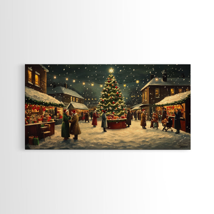 Vintage Christmas Village Market Scene Framed Canvas Print - Perfect Retro Christmas Wall Art and Vintage Christmas Home Decor 2024