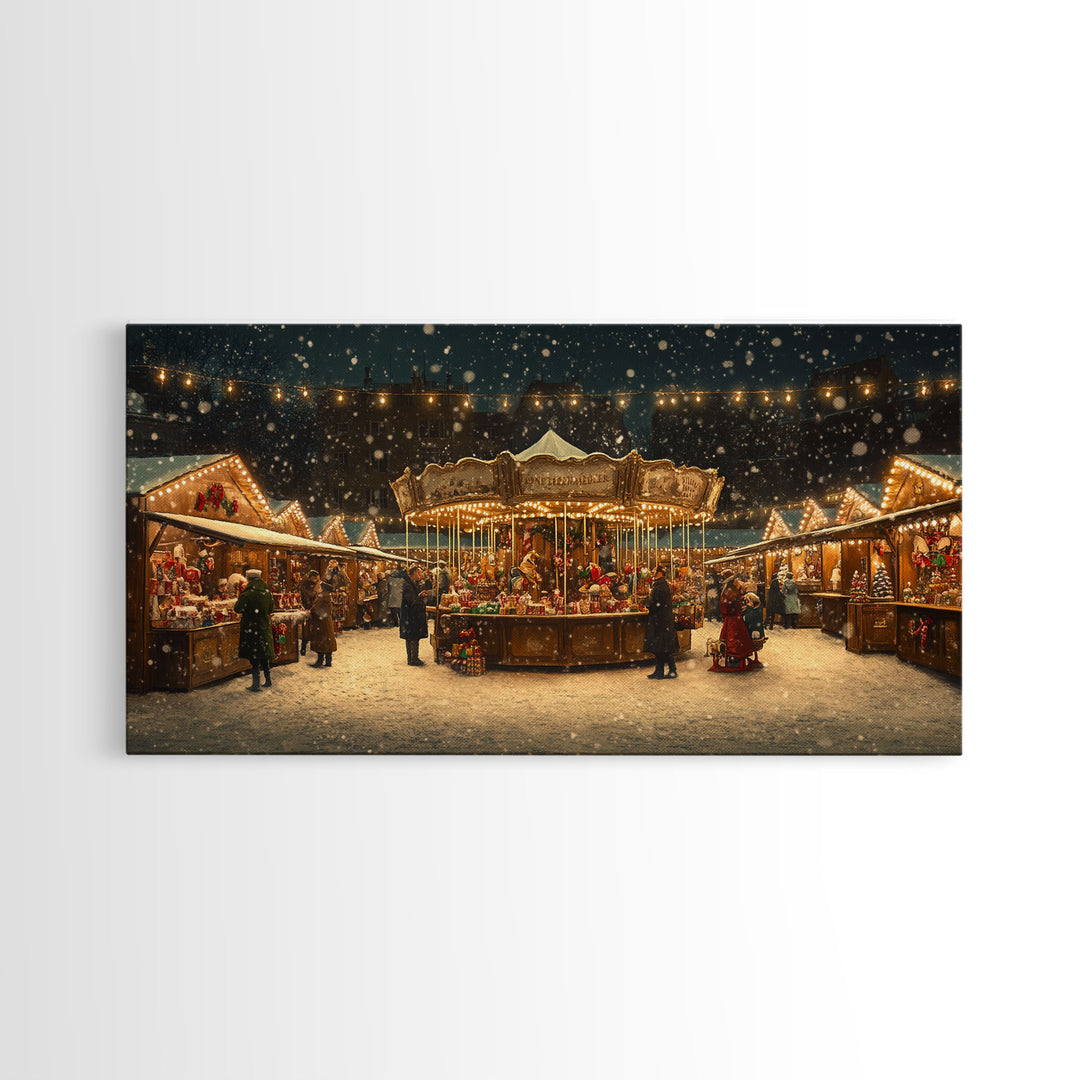 Retro Carousel Christmas Market Framed Canvas Print - Beautiful Vintage Christmas Decor and Holiday Wall Art with Christmas Scene