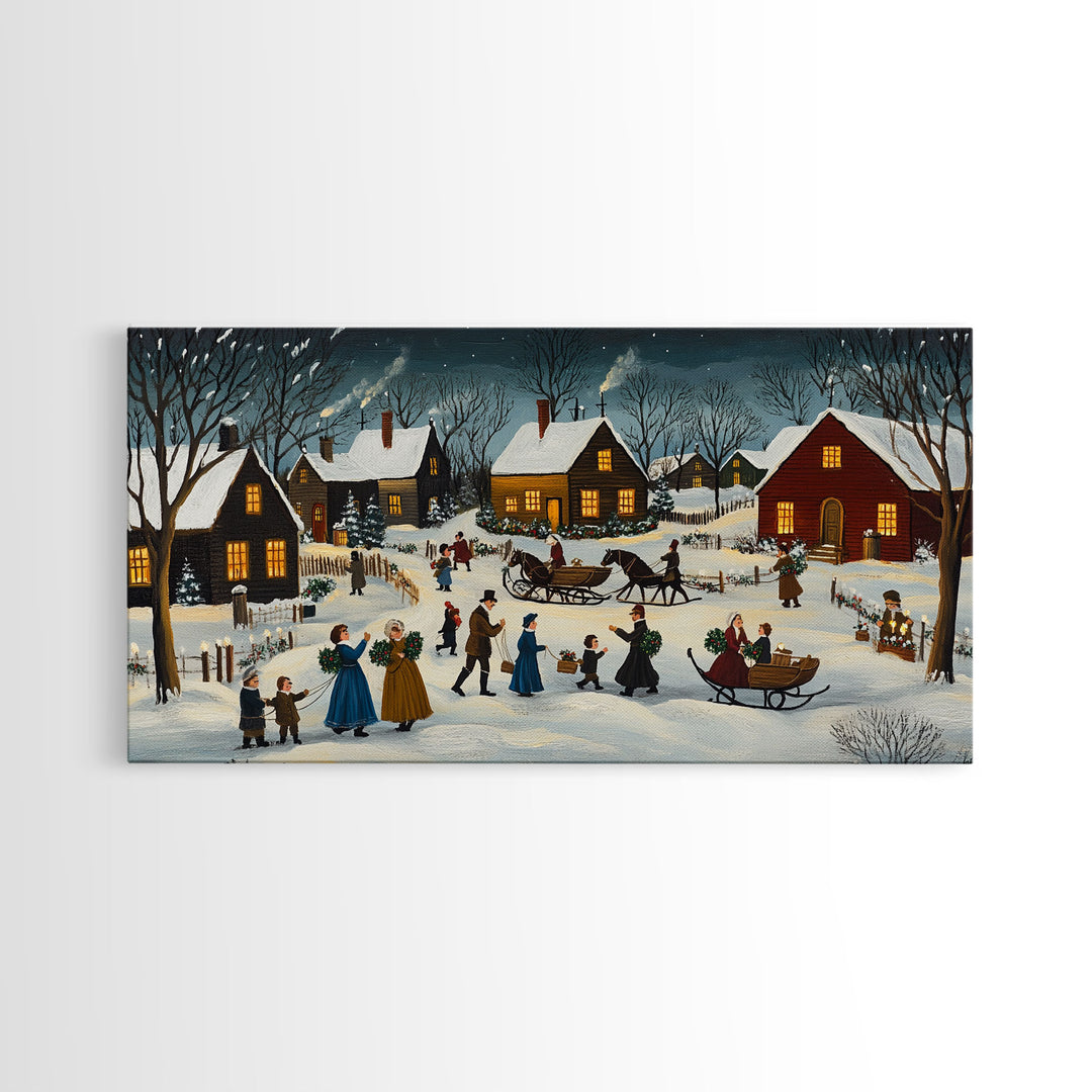 Colonial Village Christmas Scene Framed Canvas Print - Charming Christmas Wall Art and Vintage Holiday Decor 2024 Christmas Gift