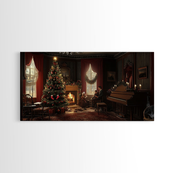 Victorian Christmas Living Room Framed Canvas Print - Elegant Christmas Decor with Vintage Holiday Charm and Indoor Wall Art