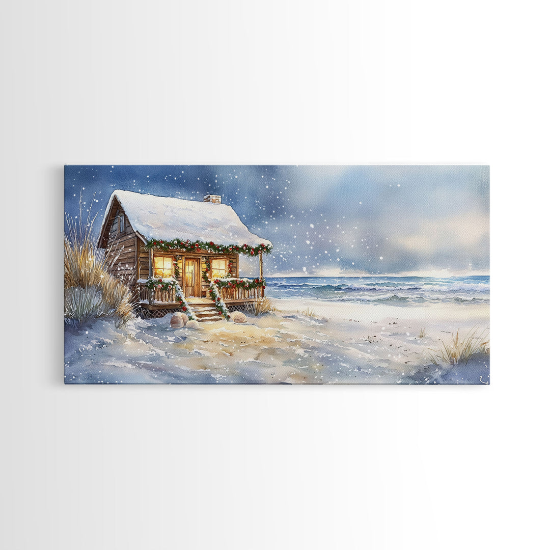 Coastal Winter Cottage Snowy Christmas Scene With Framed Canvas Print, Winter Wonderland Beach House Christmas Decor Wall Art