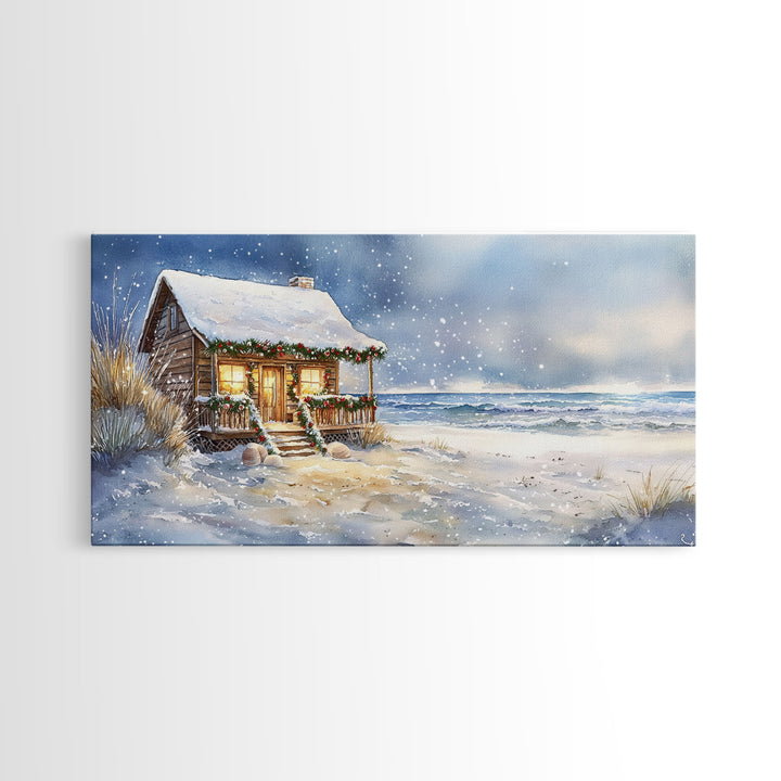 Coastal Winter Cottage Snowy Christmas Scene With Framed Canvas Print, Winter Wonderland Beach House Christmas Decor Wall Art