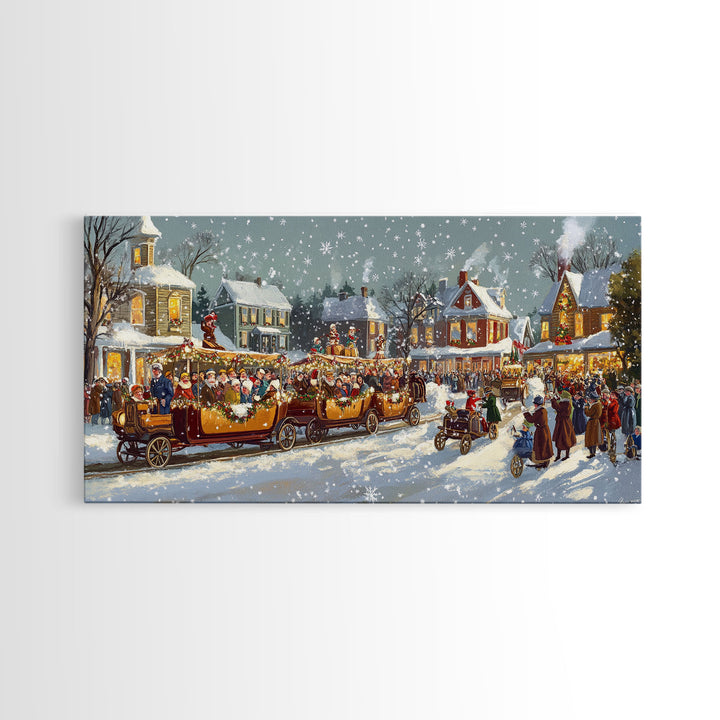 Vintage Christmas parade with decorated cars, 2024 Christmas scene art, framed canvas print, festive holiday art, Christmas wall art
