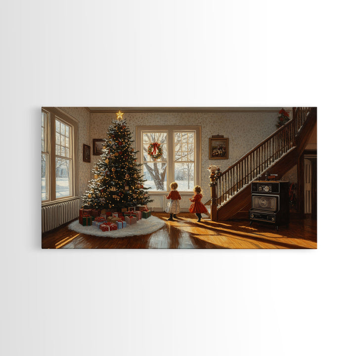 Vintage Christmas scene with children by tree, rustic Christmas home decor, framed canvas print, Christmas art prints, 2024 holiday wall art