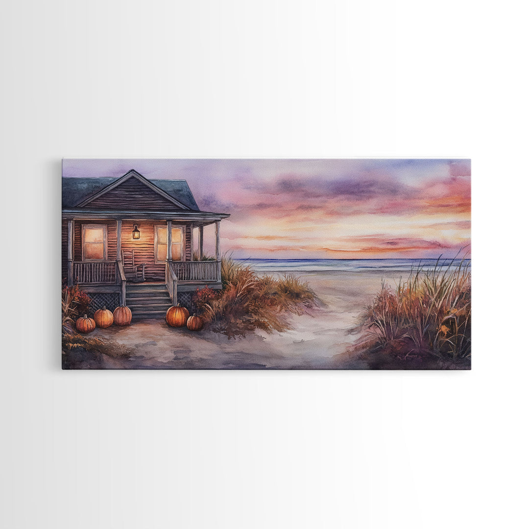 Rustic Beach Cottage Fall Scene Framed Canvas Print, Coastal Autumn Sunset Wall Art Ideal Autumn Gift, Seasonal Beach Decor