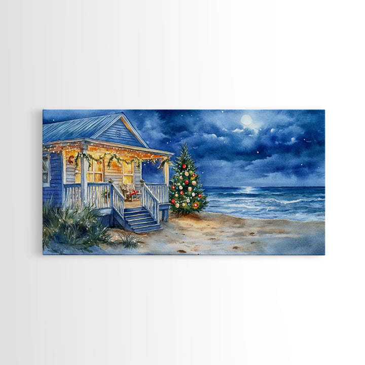 Cozy Christmas Cottage On Beach Scene With Framed Canvas Print, Winter Beach Home Christmas Tree Wall Art, Holiday Wall Decor