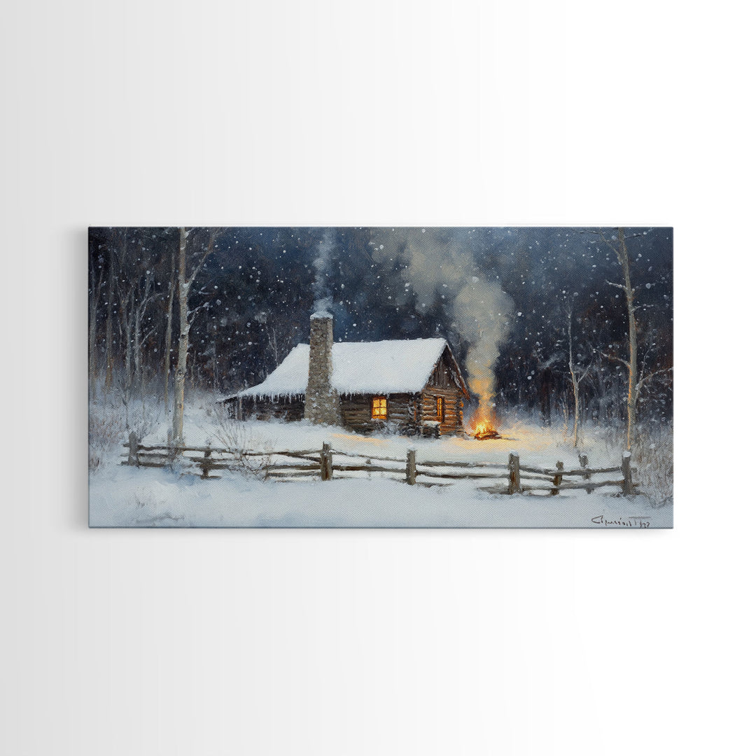 Rustic Cabin in Snow Framed Canvas Print, Cozy Winter Wonderland Art, Best Gift Idea for Christmas Wall Art, Vintage Holiday Decor