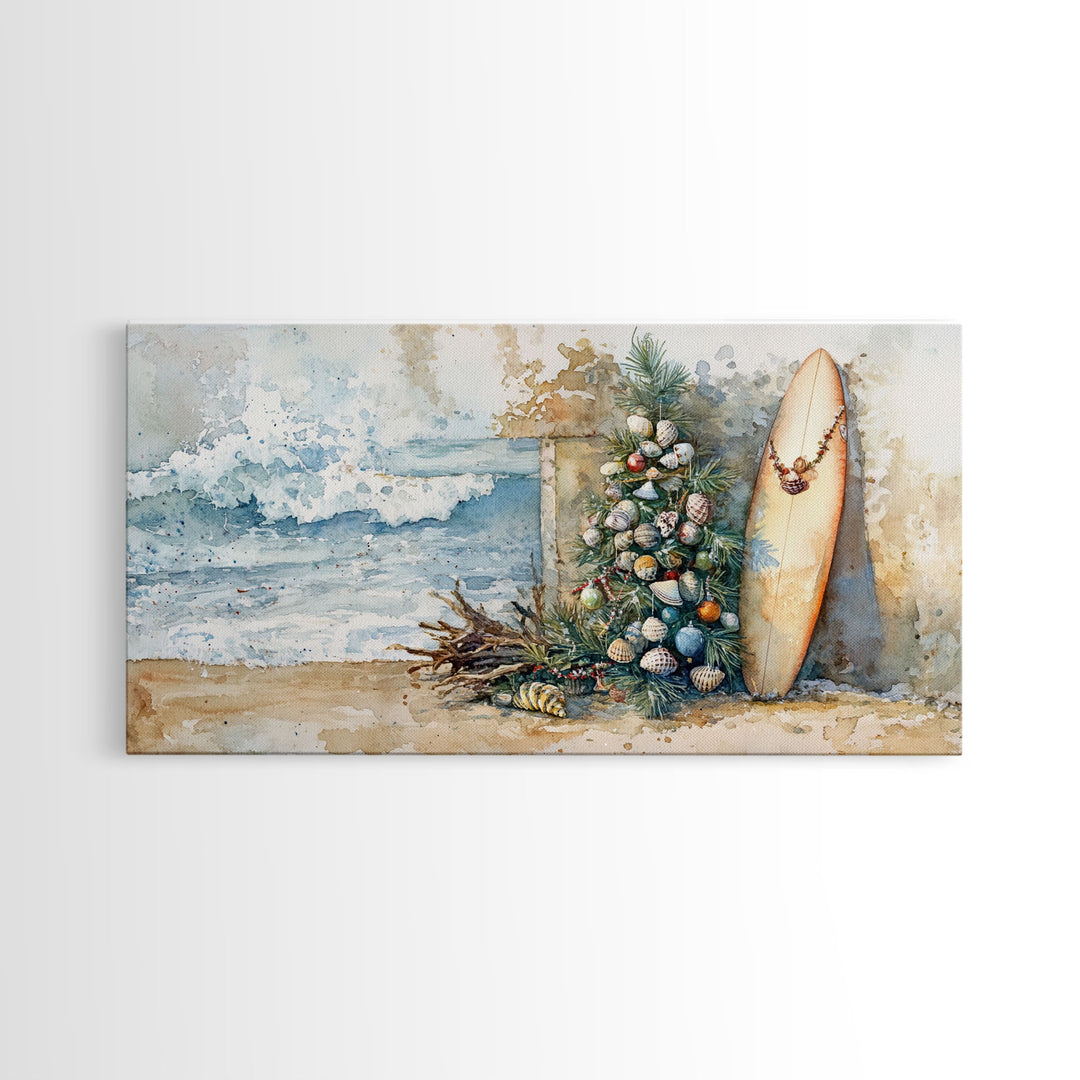 Coastal Christmas Scene Surfboards Christmas Tree Framed Canvas Print, Beach Holiday Decor Wall Art With Surfing Theme