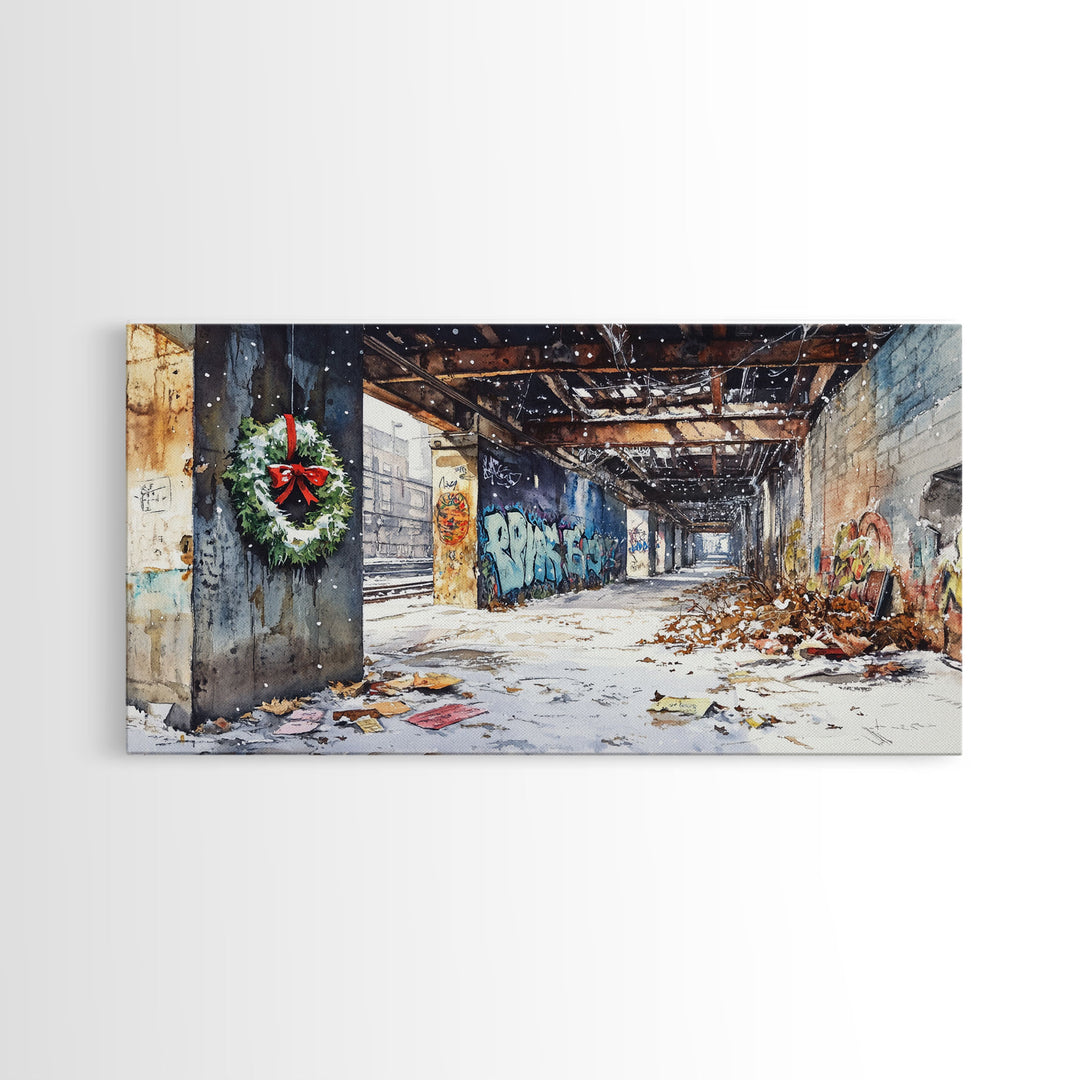 Rustic Urban Wreath Holiday Decor Framed Canvas Print, Christmas Scene with Snowfall and Graffiti Wall Perfect Holiday Wall Art