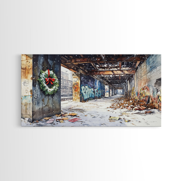 Rustic Urban Wreath Holiday Decor Framed Canvas Print, Christmas Scene with Snowfall and Graffiti Wall Perfect Holiday Wall Art