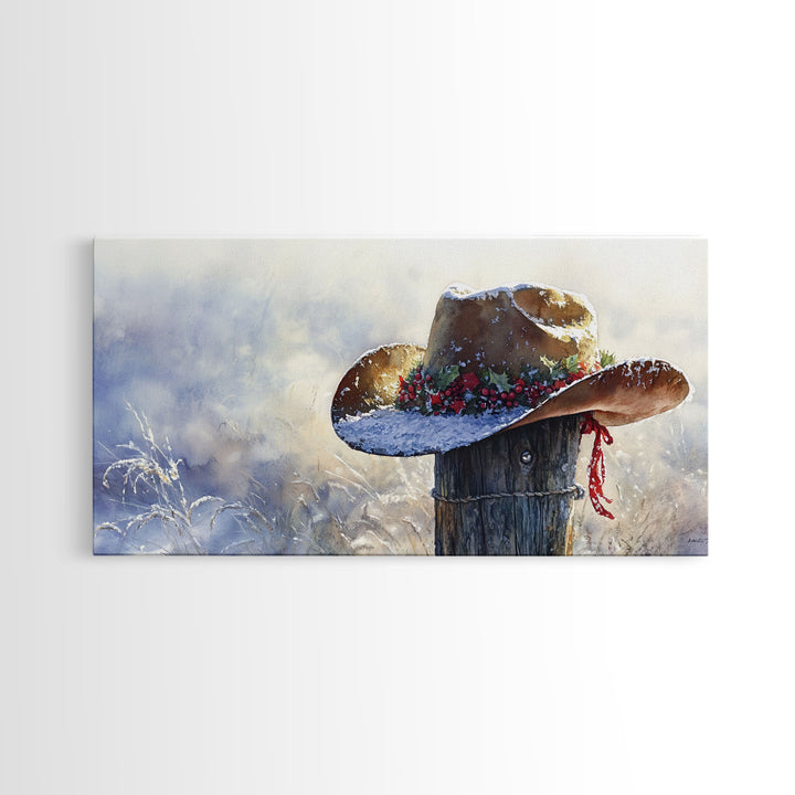 Rustic Cowboy Christmas Hat Framed Canvas Print, Snow-Covered Country Holiday Decor with Wreath on Fence Perfect Winter Art