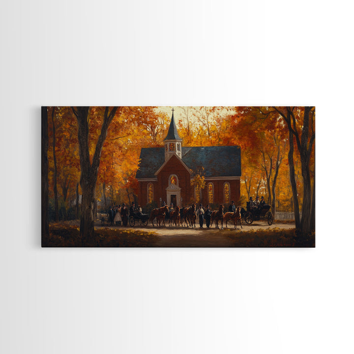 Beautiful Country Church in Autumn Scene Framed Canvas Print Fall Art, Rustic Autumn Church Scene, Vintage Wall Art Home Decor