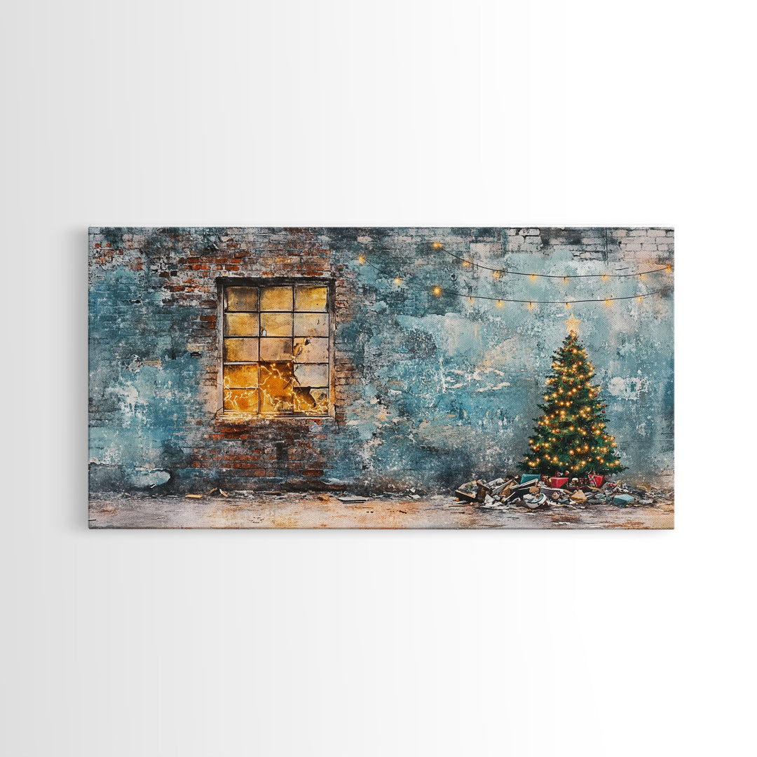 Rustic urban Christmas wall art with a glowing window and decorated tree, framed canvas print perfect seasonal decor, winter holiday display