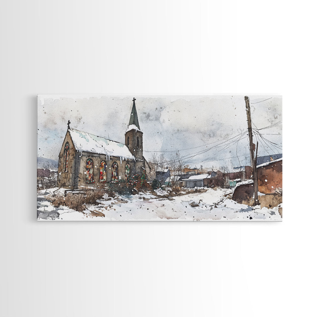 Snowy church scene framed canvas print, stained glass church in winter with snow-covered rooftops, perfect Christmas or holiday art display