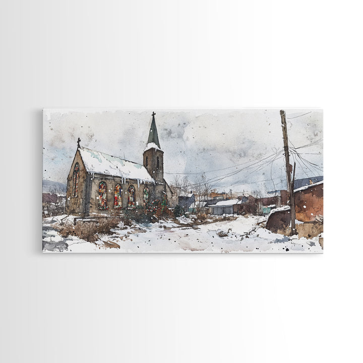 Snowy church scene framed canvas print, stained glass church in winter with snow-covered rooftops, perfect Christmas or holiday art display