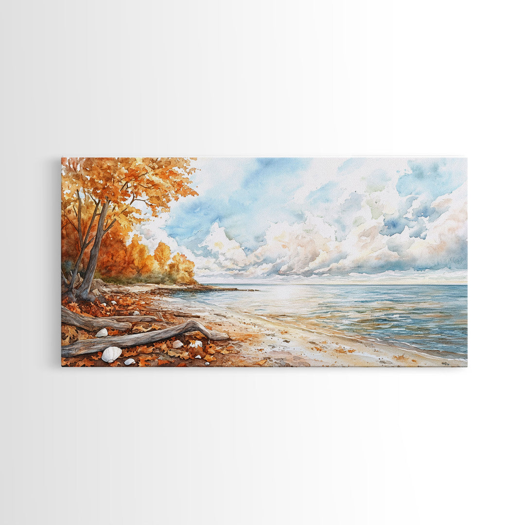 Autumn beach scene with colorful trees and calm waters, framed canvas print, perfect fall or autumn seasonal decor wall art