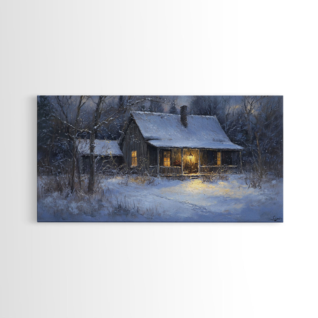 Cozy Winter Cabin Scene Framed Canvas Print with Snowy Landscape, Christmas Wall Art, Rustic Winter Scene, Vintage Seasonal Wall Decor