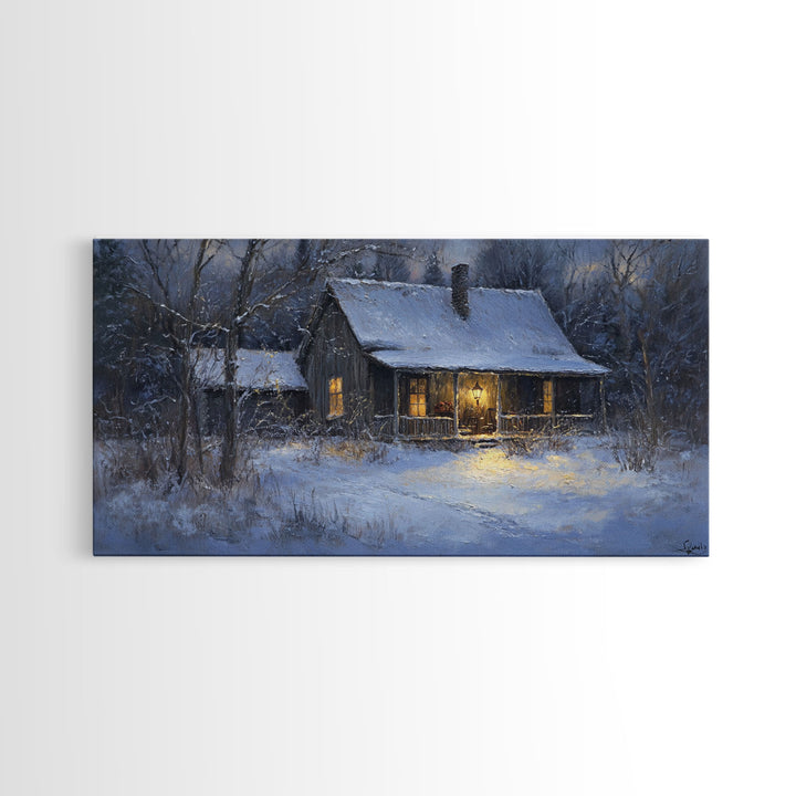Cozy Winter Cabin Scene Framed Canvas Print with Snowy Landscape, Christmas Wall Art, Rustic Winter Scene, Vintage Seasonal Wall Decor
