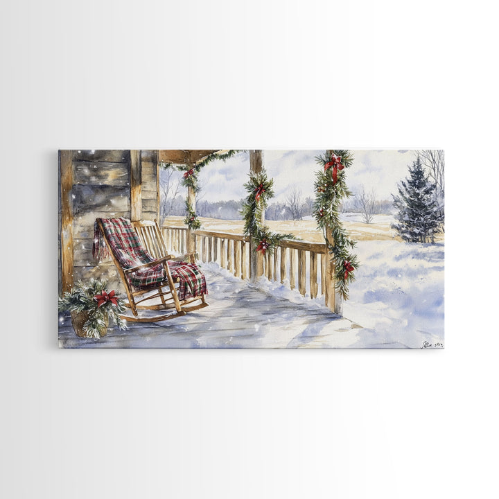 Snowy porch scene with wreaths and holiday greenery, framed canvas print, cozy winter Christmas decor perfect holiday wall display