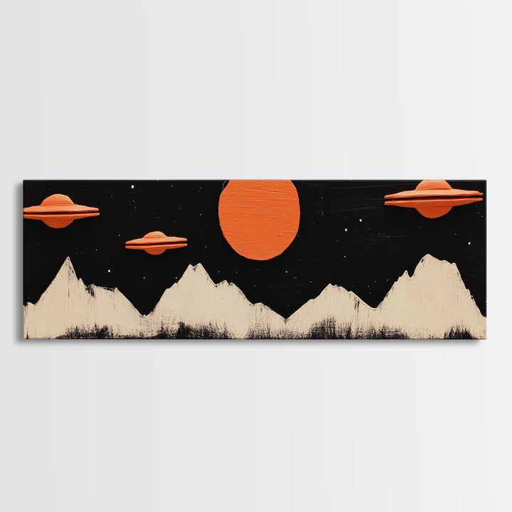 Cute  Nursery Decor - Boy's Room Wall Art - Panoramic Flying Saucers or UFOs Art Print - Framed Canvas