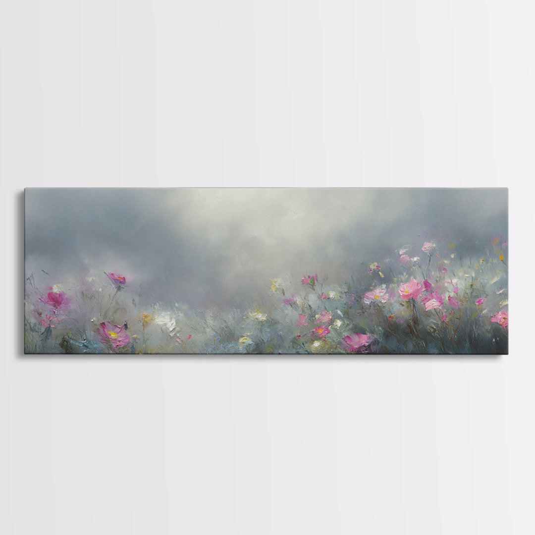 Moody Wild Flowers Under a Cloudy Sky, Panoramic Framed Canvas Print, Nature Decor, Boho Floral Wall Art, Flower Painting Gift For Her