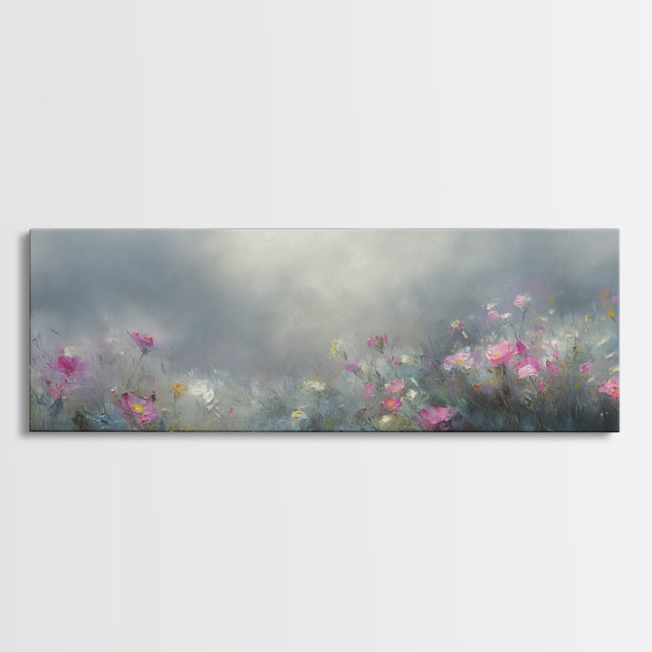 Moody Wild Flowers Under a Cloudy Sky, Panoramic Framed Canvas Print, Nature Decor, Boho Floral Wall Art, Flower Painting Gift For Her