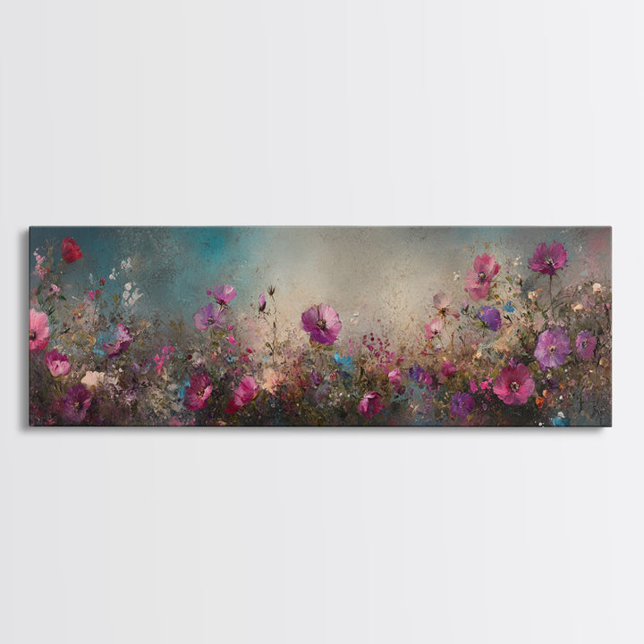 Abstract Pink Flower Painting Print, Wood Framed Wall Art, Flowers Wall Art, Vintage Landscape Wildflowers Painting