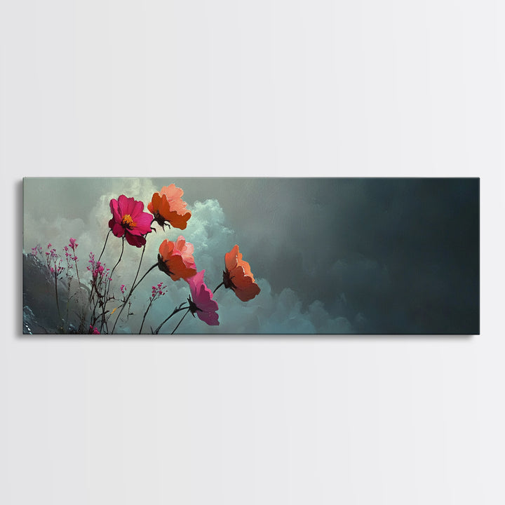 Beautiful Wild Flowers In The Clouds, Mountain Painting Canvas Print, Moody Decor, Muted and Subdued Wall Art, Centerpiece Art