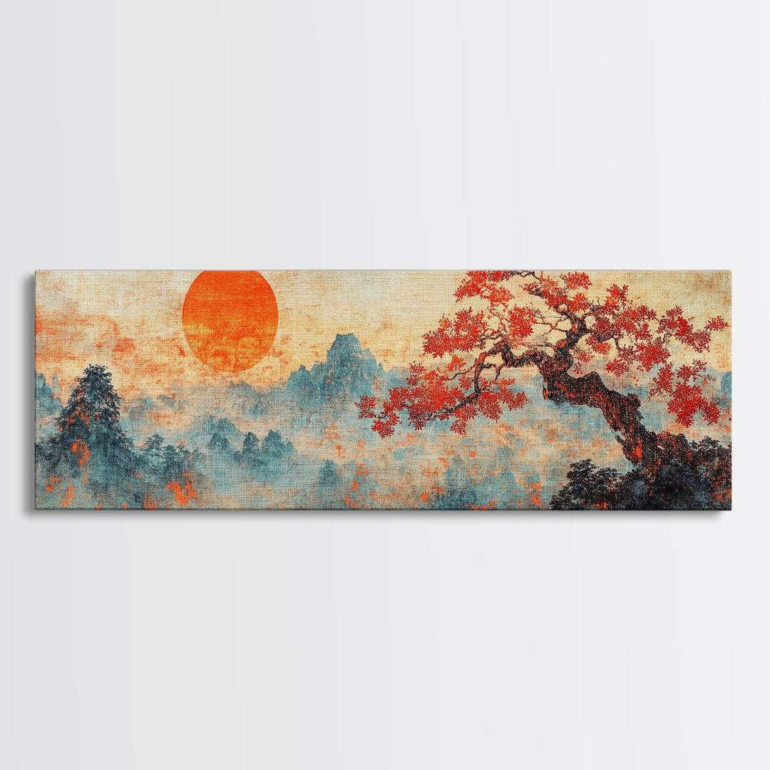 Maple Tree At Sunset With Red Leaves, Japanese Vintage Style Wall Art, Panoramic Painting Print, Woodblock Print, Boho Wall Decor