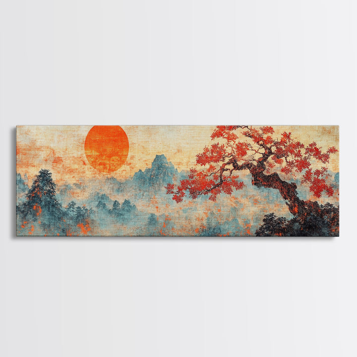 Maple Tree At Sunset With Red Leaves, Japanese Vintage Style Wall Art, Panoramic Painting Print, Woodblock Print, Boho Wall Decor