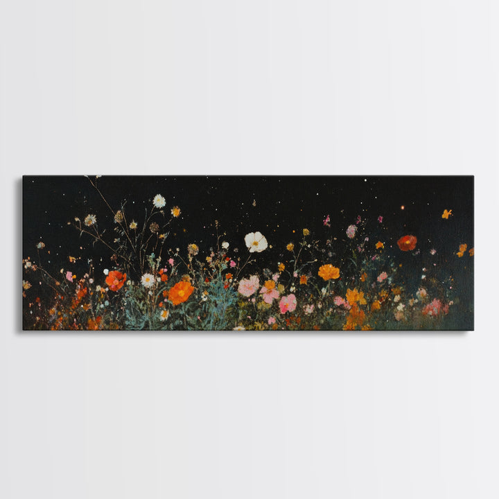 Dark & Moody Wild Flowers Under a Full Moon, Framed Canvas Print, Panoramic Extra Wide Wall Art, Oversized Home Decor