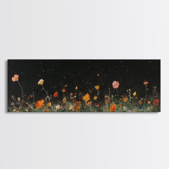Dark & Moody Wild Flowers Under a Full Moon, Framed Canvas Print, Panoramic Extra Wide Wall Art, Oversized Home Decor, Modern Farmhouse Art