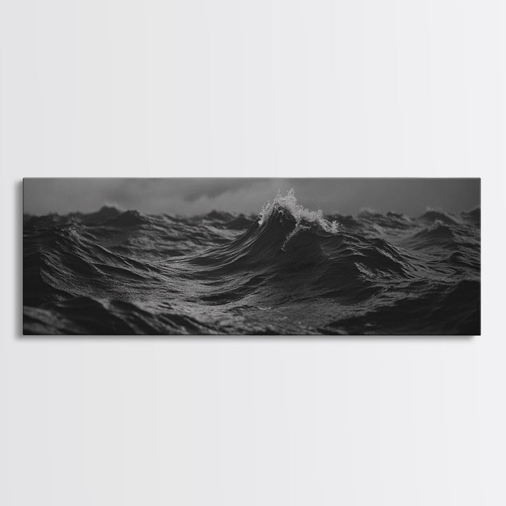 Black and White Ocean Photography Style Print, Panoramic Wall Art, Wood Framed Canvas Art, Seascapes, Nautical Decor