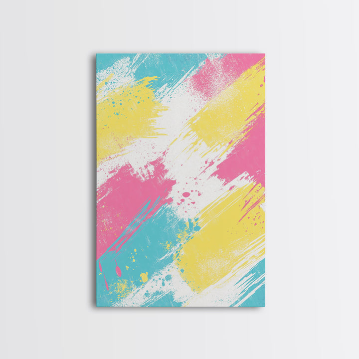 Brush Strokes On Canvas Print, Wood Framed Wall Art, Preppy Dorm Room Decor, Pink Turquoise and Yellow on White Background Wall Art