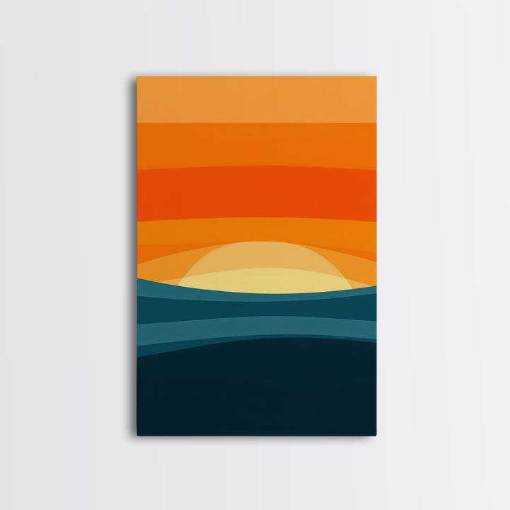 Art Deco Sunset Framed Canvas Print, MCM Style Wall Art Living Room Decor, Abstract Modern Art