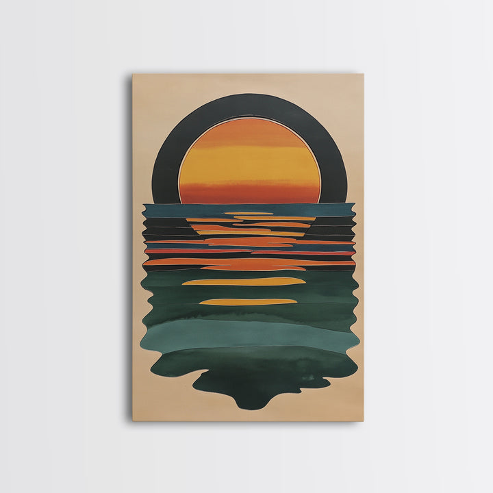 Art Deco Sunset Over The Ocean, Minimalist Home Decor Canvas Print, Emerald Green Ocean With Sunrise, Boho Art