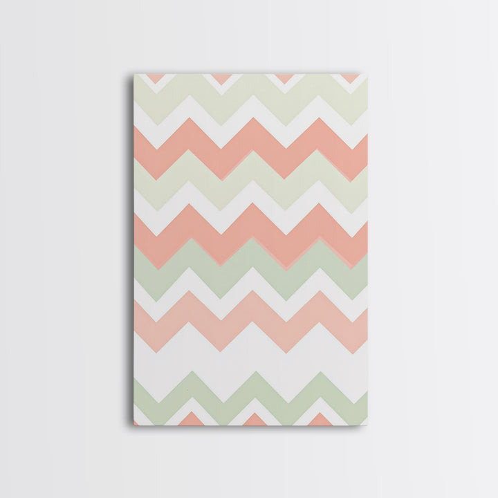 Pink and Mint Green Chevrons, MCM style Mid Century Modern Home Decor, Framed Canvas Print, Whimsical Wall Art