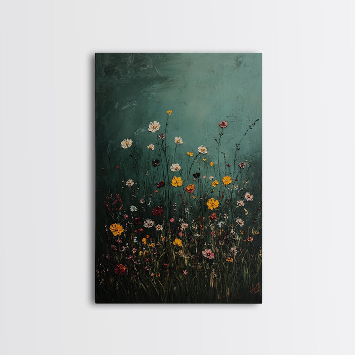 Dark & Moody Wild Flowers Print, Framed Canvas, Boho Decor, Wildflowers in a Rain Storm, Modern Farmhouse, Rustic Decor