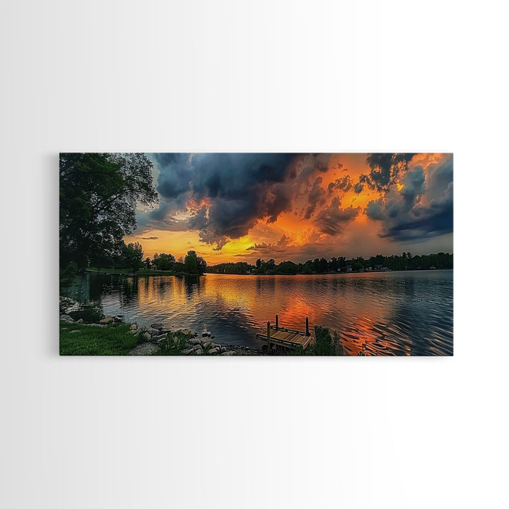 Sunset On The Lake Framed Canvas Print, Lakehouse Decor, Rustic Modern Farmhouse Wall Art, Photography Style Landscape Art