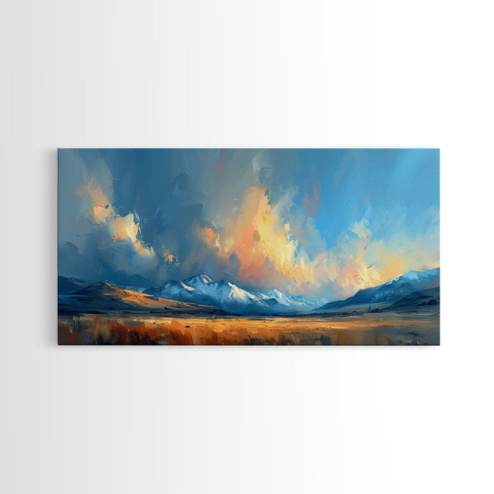 Panoramic Mountain Landscape Painting Print, Oil Painting Of Wyoming Mountains, Antique Style Art Print, Walnut Frame Art