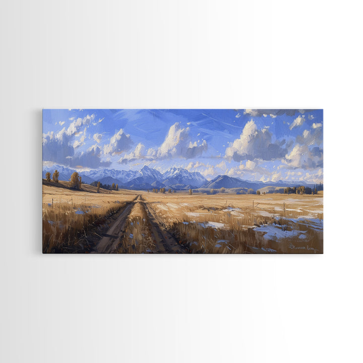 Dirt Roads of Wyoming Framed Canvas Print, Oil Painting Print, Panoramic Extra Wide Large Format Living Room Wall Decor