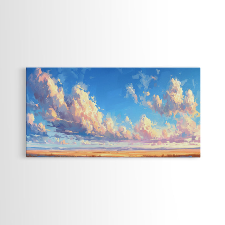 Panoramic Oil Painting Print of A Cloudy Sky Framed Canvas Print, Boho Minimalist Home Decor, Guest Room Wall Art