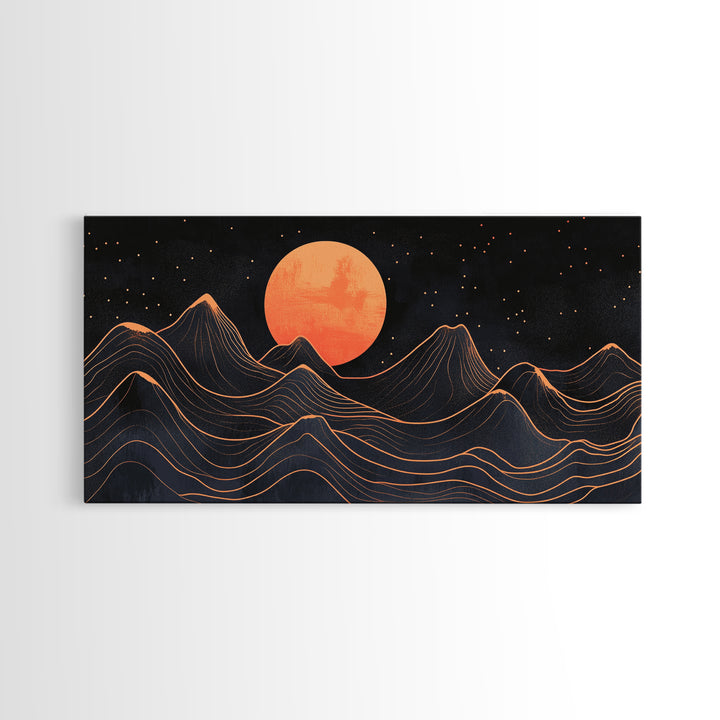 Art Deco Style Abstract Art, Orange Blood Moon Over Mountain Landscape, Retro Home Decor