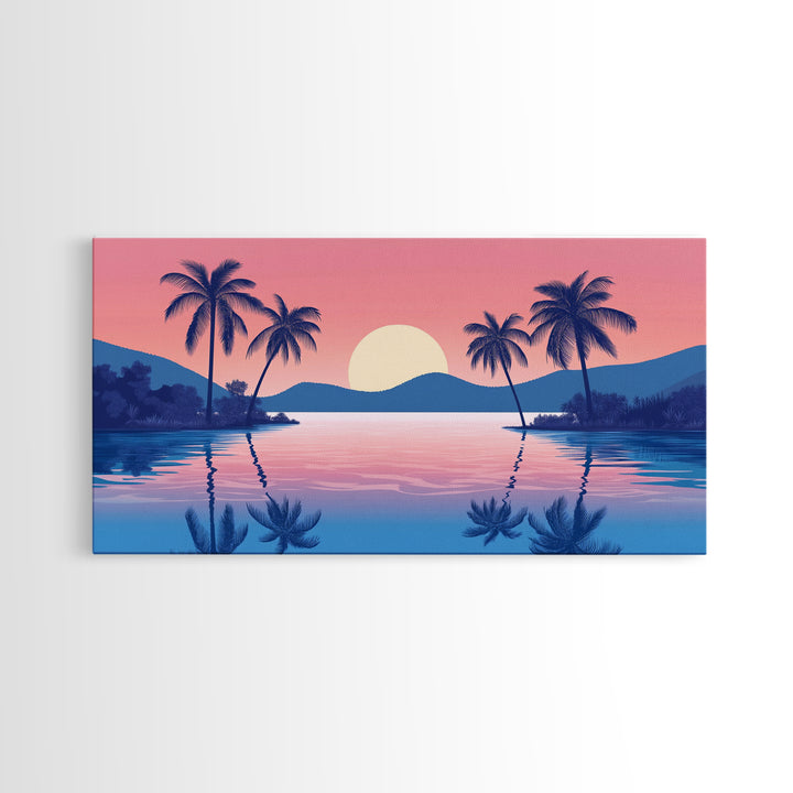 Abstract Vaporwave Sunset Over A Beach Landscape, Framed Canvas Print, Modern Art, Unique Wall Decor, Framed Canvas Art