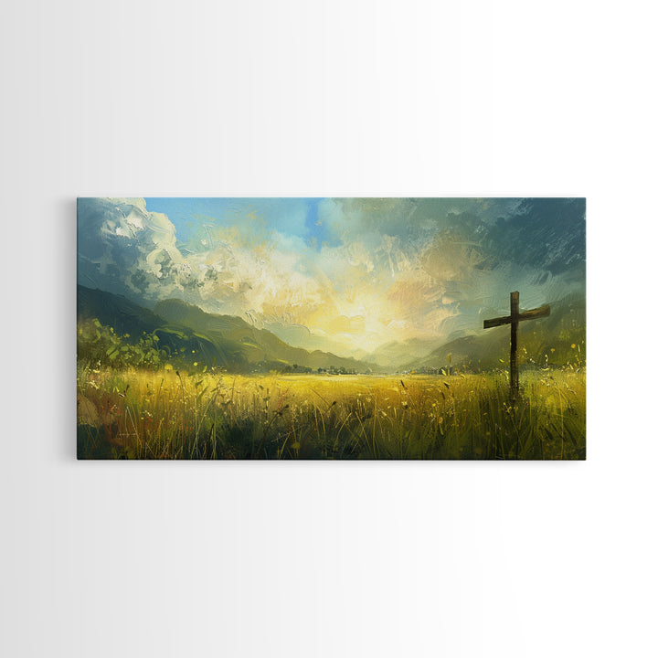 Cross In a Field Of Grass Framed Canvas Print, Christian Wall Art, Landscape Painting, Faith Decor, Cross Painting