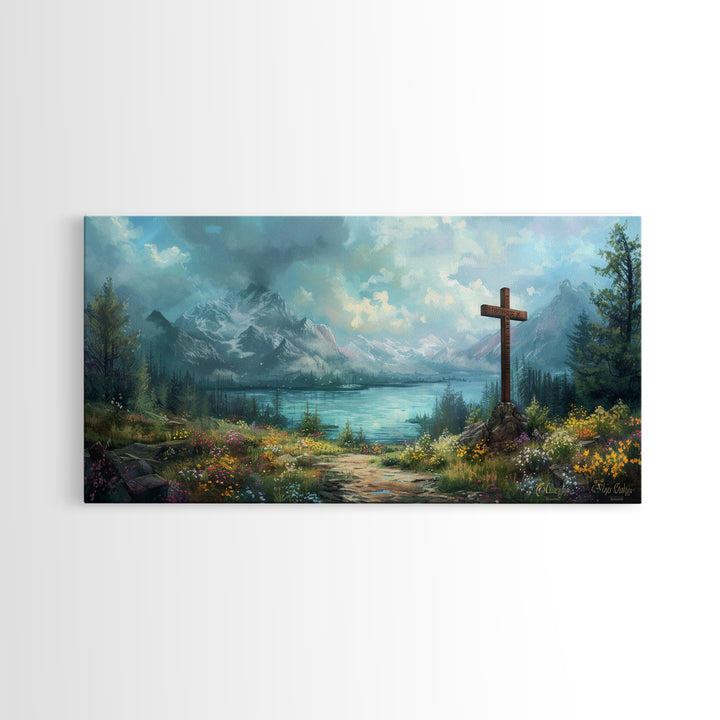 Cross In The Mountains Framed Canvas Print, Christian Faith Wall Art, Beautiful Landscape Painting